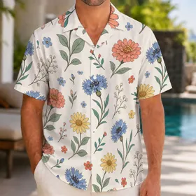 Coral Zinnia And Cornflower Botanical Garden For Tropical Vacation Resort Wear Men Hawaiian Shirt