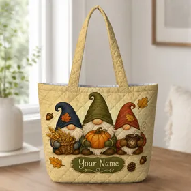 Autumn Harvest Gnomes With Pumpkin Coffee For Cozy Fall Market Trips And Nordic Folk Fans Quilted Tote Bag