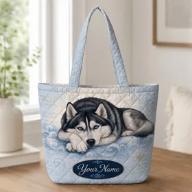 Blue-Eyed Siberian Husky Snowflake Winter Companion For Dog Lovers Weekend Outings Quilted Tote Bag