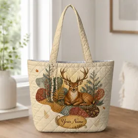 Woodland Stag Autumn Botanical Gift For Nature Lovers And Weekend Travel Adventures Quilted Tote Bag