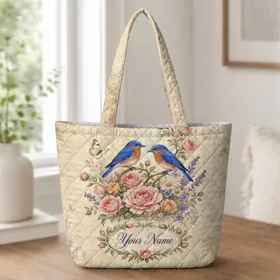Eastern Bluebird Rose Garden Gift for Bird Lovers, Cottagecore Market and Travel Days Quilted Tote Bag