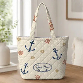 Navy Anchor Ship Wheel Rope Knot Nautical Gift For Beach Trips And Coastal Travel Quilted Tote Bag