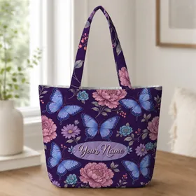 Purple Butterfly Garden With Peonies For Everyday Carry, Travel, And Gift Giving Quilted Tote Bag