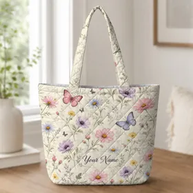 Pastel Butterfly Wildflower Meadow For Romantic Garden Travel And Everyday Carry Quilted Tote Bag