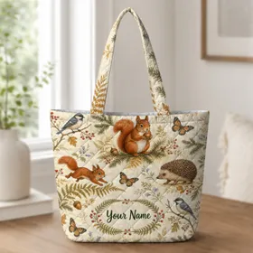 Woodland Squirrel Hedgehog And Bird Autumn Gift For Nature Lovers Everyday Outings Quilted Tote Bag
