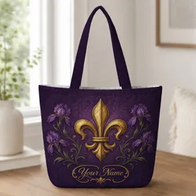 Golden Fleur De Lis And Purple Iris Florals For Elegant Travel And Daily Carry Lovers Quilted Tote Bag