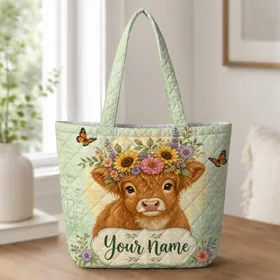 Highland Calf Flower Crown Gift For Farmhouse Lovers And Country Market Days Quilted Tote Bag