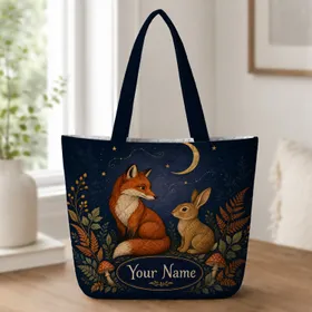 Fox And Rabbit Moonlit Woodland Name Gift For Nighttime Autumn Outings And Nature Lovers Quilted Tote Bag