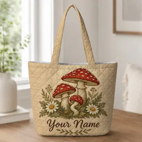 Embroidered Fly Agaric Mushrooms And Daisies For Cottagecore Trips And Forest Lovers Quilted Tote Bag