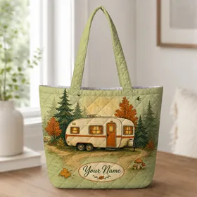 Vintage Camper In Autumn Forest For Camping Weekends And RV Road Trip Lovers Gift Quilted Tote Bag