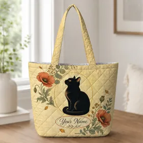 Vintage Black Cat Botanical Travel Gift For Cat Lovers And Autumn Weekend Getaways Quilted Tote Bag