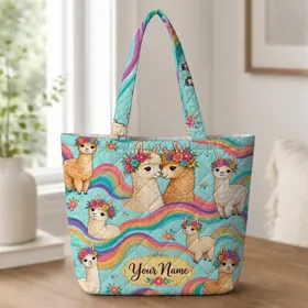 Floral Crown Alpacas With Rainbow Waves For Everyday Travel, School, And Gift Giving Quilted Tote Bag