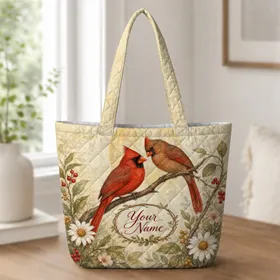 Cardinal Pair With Berries And Wildflowers For Autumn Travel Nature Birdwatcher Gifts Quilted Tote Bag