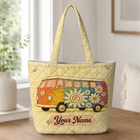 Retro Rainbow Camper Bus With Daisies For Road Trips, Festivals And Everyday Carry Quilted Tote Bag