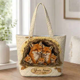 Red Fox Family At Hollow Oak Woodland For Nature Lovers And Fall Market Weekend Outings Quilted Tote Bag