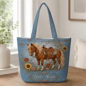 Chestnut Western Horse With Autumn Wildflowers For Cowgirl Ranch Travel And Everyday Style Quilted Tote Bag