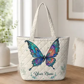 Ornate Teal Butterfly With Name Accent For Travel, Work And Everyday Women’s Style Quilted Tote Bag