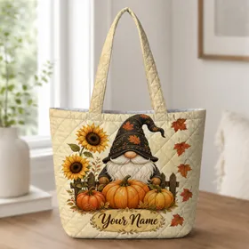 Autumn Harvest Gnome With Pumpkins And Sunflowers For Fall Market Days And Outings Quilted Tote Bag