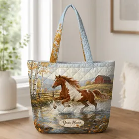 Galloping Pinto Horse Autumn Barn Scene For Equestrian Shopping, Work And Travel Days Quilted Tote Bag