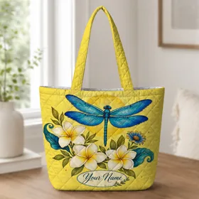 Blue Dragonfly And Plumeria Flowers For Summer Travel, Beach Days And Daily Carry For Her Quilted Tote Bag