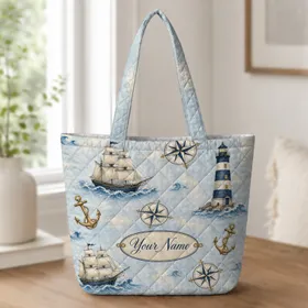 Vintage Nautical Lighthouse Anchor Compass Sailing Ship Beach Travel Gift For Her Quilted Tote Bag