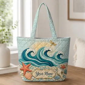 Ocean Waves Starfish And Seashells For Beach Trips, Market Days And Coastal Carry Quilted Tote Bag