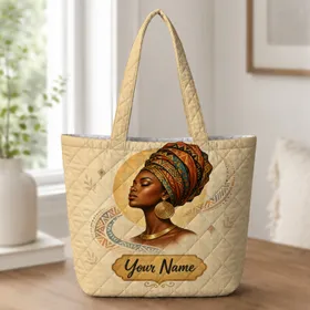 Afrocentric Queen Portrait Earth Tone Everyday Carry Gift for Women With Name Cartouche Quilted Tote Bag