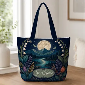 Moonlit Mountain Lake With Wildflowers For Nature Lovers And Cottagecore Travel Fans Quilted Tote Bag