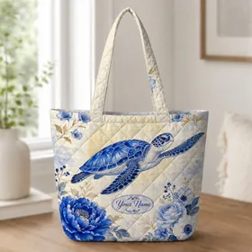Blue Sea Turtle Floral Coastal Beach Companion for Travel Shopping and Everyday Use Quilted Tote Bag