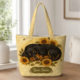 Sleeping Black And Tan Dachshund With Sunflowers For Autumn Market Days Dog Lovers Quilted Tote Bag