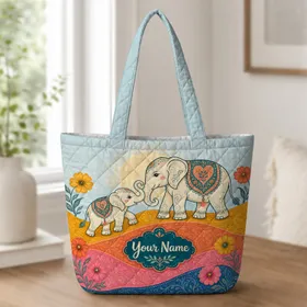 Colorful Bohemian Elephant Family For Travel, Gym, And Weekend Getaways For Women Quilted Tote Bag