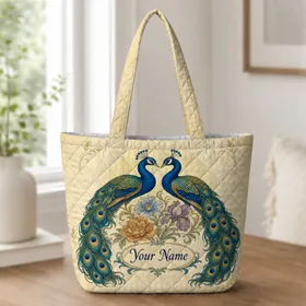 Vintage Art Nouveau Peacock And Floral Motif For Travel, Work And Everyday Style Quilted Tote Bag