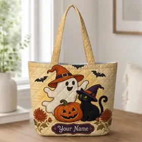 Halloween Ghost Cat And Pumpkin For Trick Or Treat Nights And Fall Seasonal Gifting Quilted Tote Bag