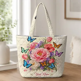 Spring Peony Bouquet With Colorful Butterflies For Garden Parties And Everyday Style Quilted Tote Bag