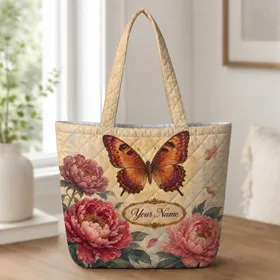 Vintage Copper Butterfly And Peony Floral For Travel, Everyday Carry, And Gift Giving Quilted Tote Bag