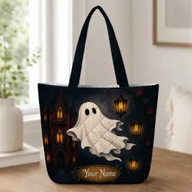Gothic Ghost Manor And Amber Lanterns For Halloween Travel And Fall Gift Giving Fans Quilted Tote Bag