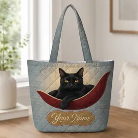 Black Cat Crimson Denim Pocket Art For Stylish Everyday Carry Cat Lover Gift With Name Quilted Tote Bag