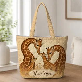 Warm Giraffe Family Portrait With Name For Nursery Room Decor And Keepsake Gifts Quilted Tote Bag