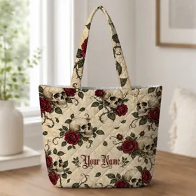 Gothic Skull And Crimson Rose Botanical For Halloween Travel And Dark Romance Lovers Quilted Tote Bag