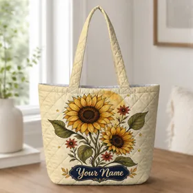 Boho Sunflower Garden Motif for Fall Travel, Market Days and Everyday Outings for Women Quilted Tote Bag