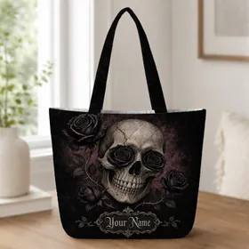 Gothic Skull And Black Roses For Dark Academia, Halloween Parties And Everyday Carry Quilted Tote Bag