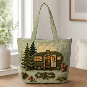 Vintage Forest Caravan And Squirrel For Camping Trips And Nature Loving Women Gift Quilted Tote Bag