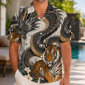 Bengal Tiger And East Asian Dragon Tropical Resort Motif For Island Travel And Cruises Hawaiian Shirt
