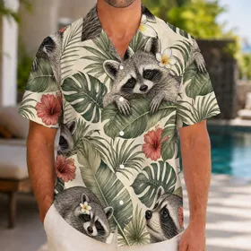 Tropical Raccoons And Botanical Leaves For Beach Vacations, Resort Travel And Gifts Hawaiian Shirt