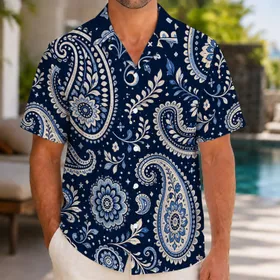 Indigo Paisley Botanical Bandana Motif For Beach Vacations And Resort Wear For Men Hawaiian Shirt