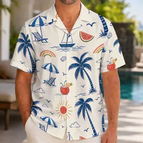 Tropical Palm Sailboat And Beach Motifs For Summer Resort Vacation Wear For Men's Travel Hawaiian Shirt