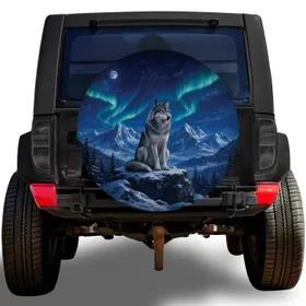 Arctic Wolf Northern Lights Mountain Scene For Winter Road Trips And Outdoor Drivers Spare Tire Cover