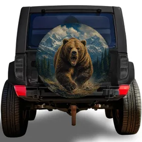 Charging Grizzly Bear Alpine Mountain Scene For Camping And Overland Adventure Drivers Spare Tire Cover