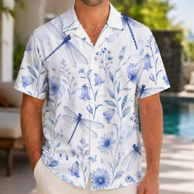 Blue Dragonfly And Wildflower Beach Vacation Outfit For Men Garden Party Resort Style Hawaiian Shirt