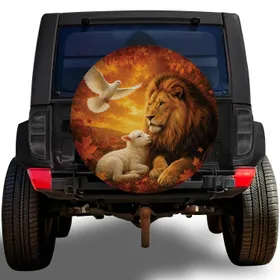 Lion Lamb Dove Autumn Woodland for Camping Travel and Outdoor Adventure Enthusiasts Spare Tire Cover
